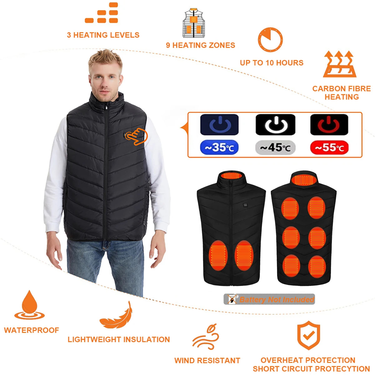 USB Heated Vest for Men & Women – 9 Carbon Fiber Pads, 3 Temperature Levels, Winter Warmer